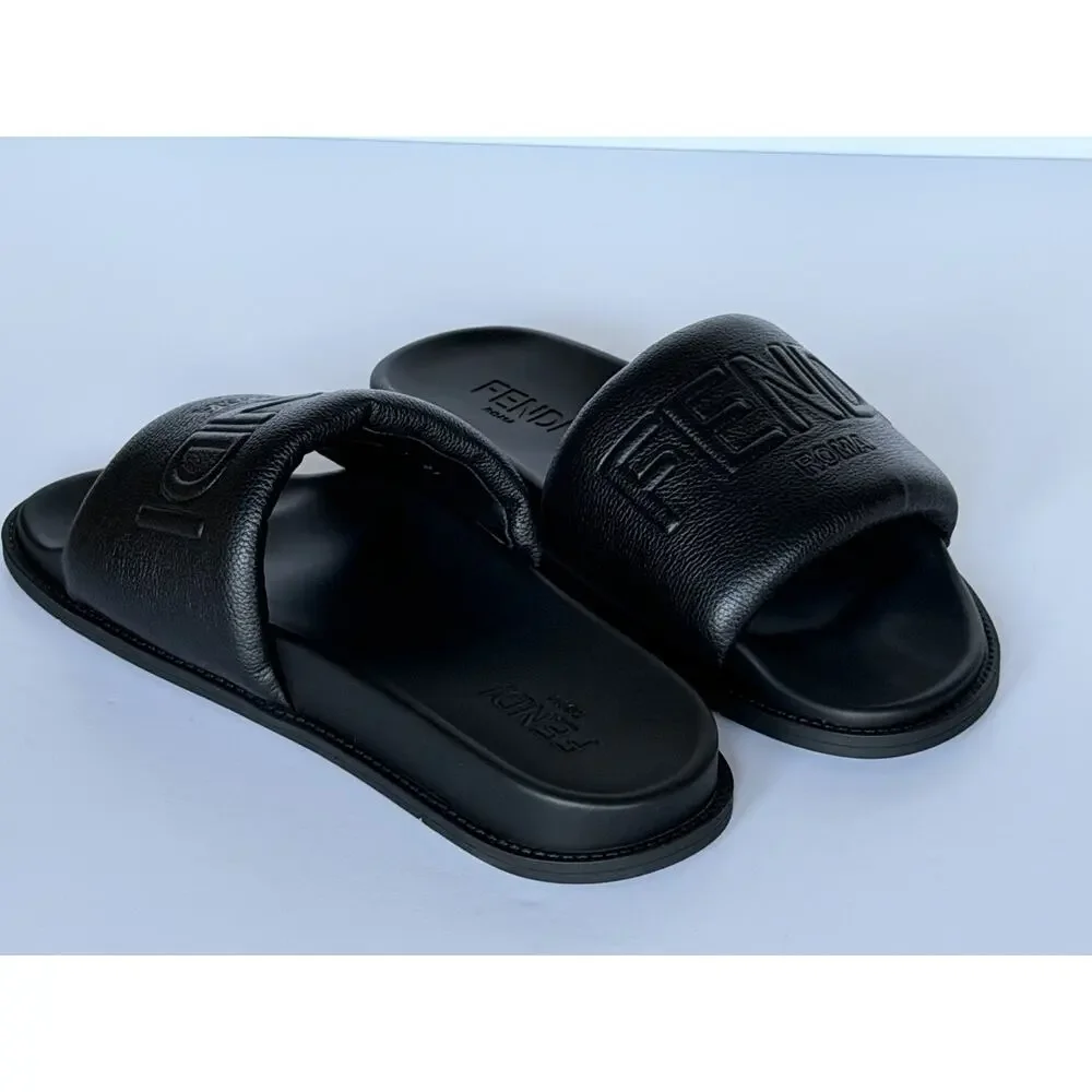 Fendi Men's Roma Leather Slide Sandals Black 9 US/8 UK IT 7X1649 NIB $750